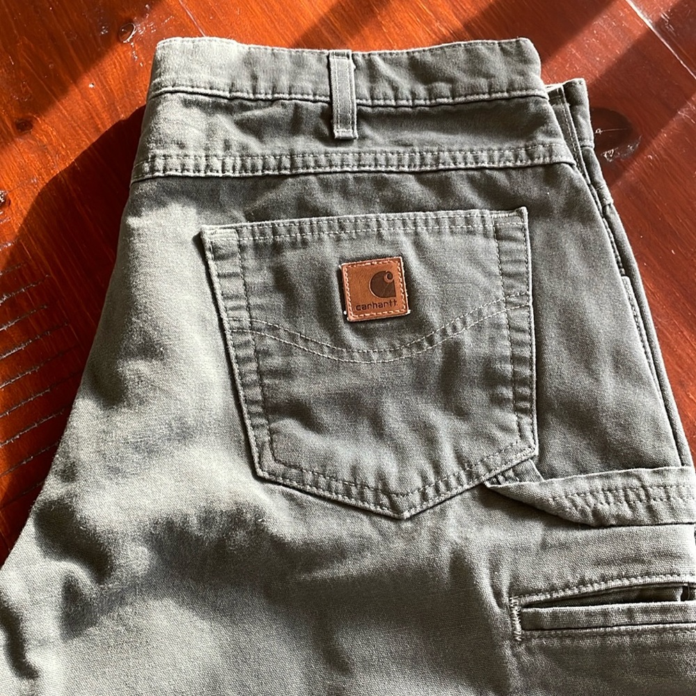 Carhartt loose fit green washed duck canvas work pants, 38 X 30